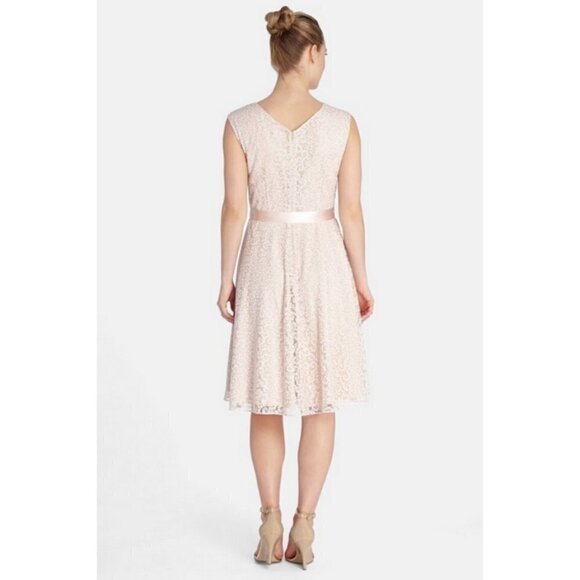 💕TAHARI by ASL💕 Glitter Lace Trim Metallic Ribbon Belted Dress Light Pink 18W - Picture 6 of 14